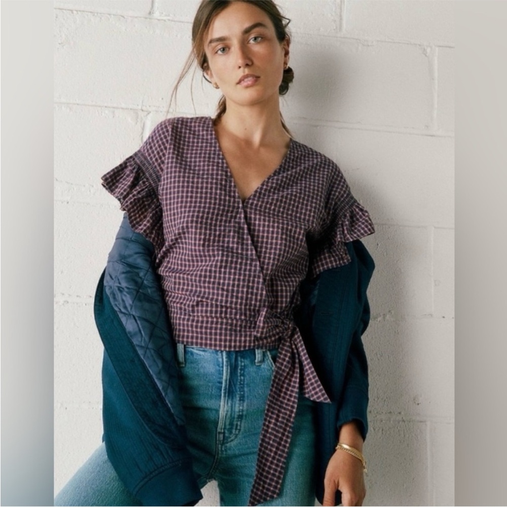 NWT Madewell | Women’s Navy/Red Plaid Ruffle Sleeve Side Tie V-Neck Top Size XS